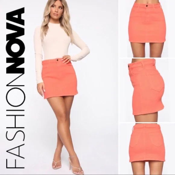 FASHION NOVA—NEON CORAL STRETCH—5 POCKET DENIM—MINI SKIRT!! (BNWT/IN ORIGINAL)!! - Picture 2 of 9